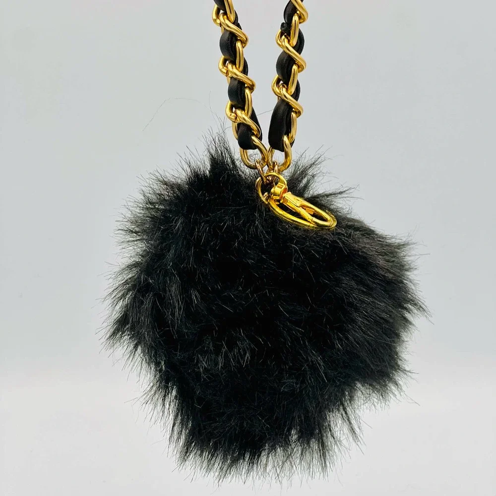 Handmade Faux Fur Pompom Keychain Bag Charm Black Gold Woven Classic Bracelet